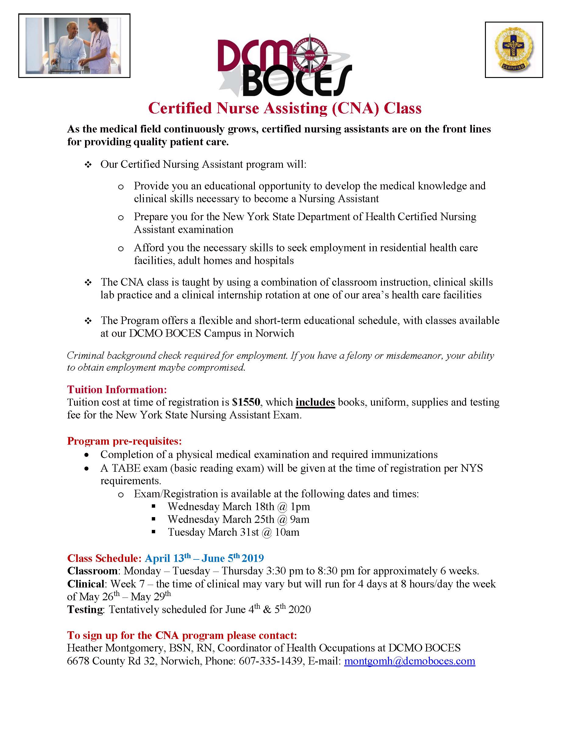 Certified Nurse Assisting Class April 2020